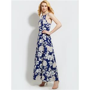 Women's Blue High Neck Halter Sleeveless Floral Print Opening Back Maxi Dress N14466