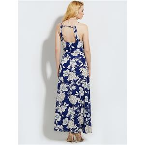 Women's Blue High Neck Halter Sleeveless Floral Print Opening Back Maxi Dress N14466