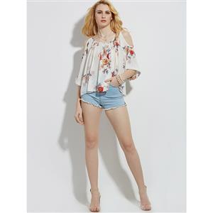 Women's Casual Round Neck Floral Print Lantern Sleeve Cold Shoulder Blouse N14468