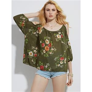 Tops, Floral Print Tops, Round Neck Tops, Sexy Tops for Women, Cold Shuolder Tops, Cheap Women's Blouses,  #N14469