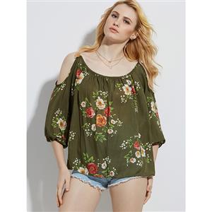 Women's Casual Round Neck Floral Print Lantern Sleeve Cold Shoulder Blouse N14469