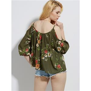 Women's Casual Round Neck Floral Print Lantern Sleeve Cold Shoulder Blouse N14469