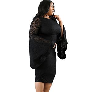 Women's Sexy Flared Long Sleeve Floral Lace Plus Size Bodycon Dresses N14460