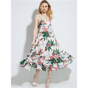 Pretty Women's Round Neck Spaghetti Strap Pleated Layered Floral Print Maxi Dress N14403
