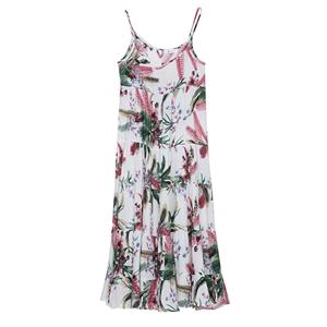 Pretty Women's Round Neck Spaghetti Strap Pleated Layered Floral Print Maxi Dress N14403