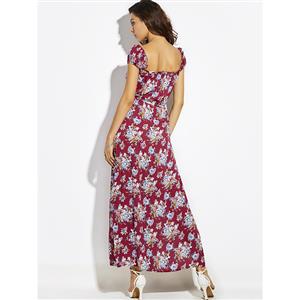 Women's Square Neck Frill Cap Sleeve Floral Print Side Split Maxi Dress N14879
