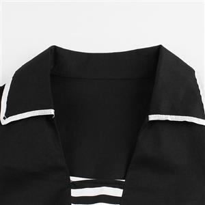 Women's Retro Vintage Black Collared 3/4 Length Sleeve Patchwork A-Line Cocktail Swing Dress N14727