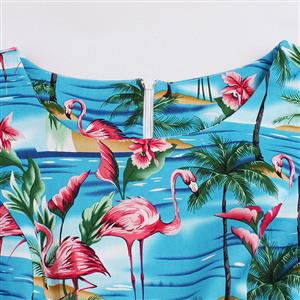 Women's Retro Vintage Round Neck 3/4 Length Sleeve Flamingo Print A-Line Swing Dress N14725