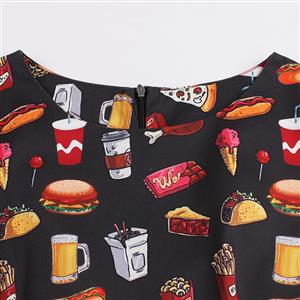 Women's Vintage Round Neck Half Sleeve Food Print A-Line Swing Party Dress N14730