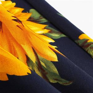 Women's Retro Vintage Round Neck 3/4 Length Sleeve Sunflower Pattern A-Line Swing Dress N14726