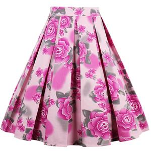 Vintage Rose Print High Waisted Flared Pleated Skirt HG12790