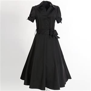 Elegant 1950's Vintage Black Short Sleeves Dress N11929