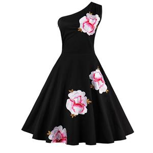 Vintage Retro one-shoulder Embroidery Floral Print Cocktail Party Swing Dress N12440