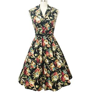 1950's Vintage Floral Print Sleeveless Casual Swing Dress with Belt N11540