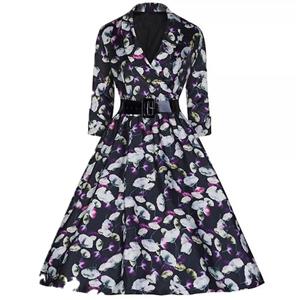1950's Vintage Floral Deep-V Neck Half Sleeve Belt Casual Swing Dress N11489