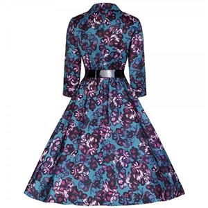 Vintage Floral Deep-V Neck Half Sleeve Belt Casual Swing Dress N11490