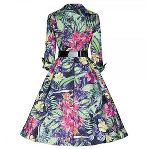 1950's Vintage Floral Deep-V Neck Half Sleeve Belt Casual Swing Dress N11491