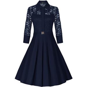 Sexy Vintage 1950s Style 3/4 Sleeve Blue Lace Flare A-line Dress N12130