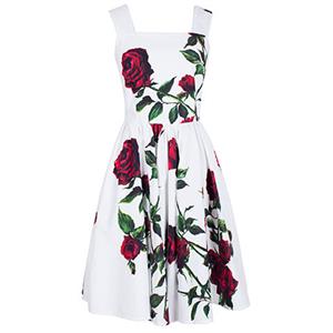 Vintage Square Neck Sleeveless Floral Print Dress For Women N11387