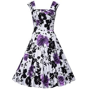 Vintage Square Neck Sleeveless Floral Print Dress For Women N11397