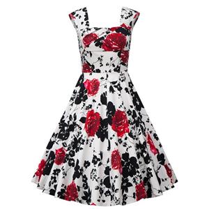 Vintage Square Neck Sleeveless Floral Print Dress For Women N11398