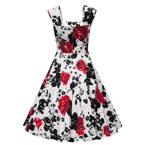 Vintage Square Neck Sleeveless Floral Print Dress For Women N11398