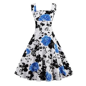 Vintage Square Neck Sleeveless Floral Print Dress For Women N11806