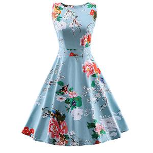1950's Vintage Bule Floral Print Casual Swing Dress N11494