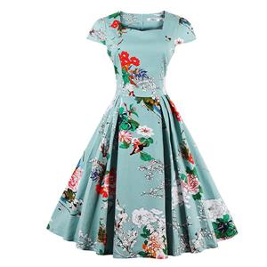 1950's  Vintage Blue Floral Print Casual Swing Dress N11669