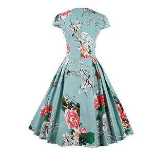 1950's  Vintage Blue Floral Print Casual Swing Dress N11669