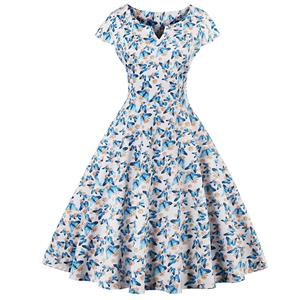 1950's  Vintage Blue Butterfly Casual Swing Dress N11883