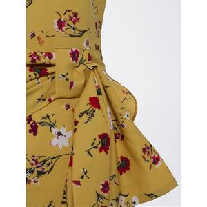 Women's Yellow One-Shoulder Floral Print Bowknot Falbala Maxi Dress N15684