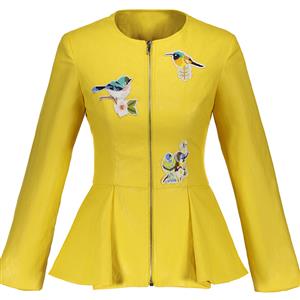 Women's Yellow Round Neck Long Sleeve Front Zipper Peplums Blouse N15772