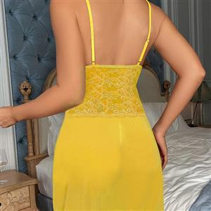Sexy Yellow Lace Deep V Spaghetti Straps See-through Mesh Nightgown Babydoll Chemise N22752