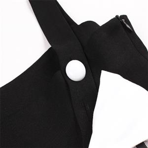 Women's patchwork tie waist bow Hepburn retro suspender little black dress N23442