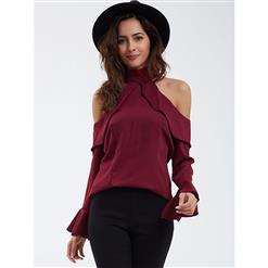 Off Shoulder Wine Red Shirt, Slim Polyester Shirt, Off Shoulder Blouse, Sexy Crop Top, Turtle Neck Blouse Top, Sexy Blouse for Women, #N14545