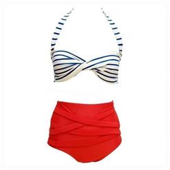 Sexy Halter Stripe Ruffles High Waist Bikini Set BK10280
