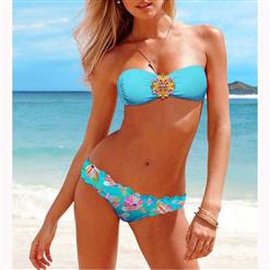 Sexy Bikini Set, Victoria Secret Swimsuit, Fashion Blue Strapless Beachwear Swimsuit, Women's Floral Bikinis, #BK10424