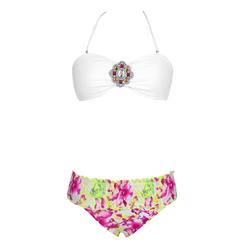 Hot Sexy White Strapless Crystal Embellishment Floral Print Bikini Set BK10438