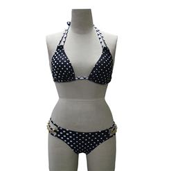 Fashion Black and White Polka Dot Print Halter Tie Neck Bikini Set BK10721