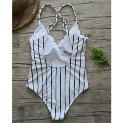 Sexy Stripes Adjustable Straps V Neck Low Cut Backless One-piece Swimsuit BK17960