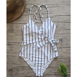 Sexy Stripes Adjustable Straps V Neck Low Cut Backless One-piece Swimsuit BK17960