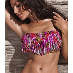 Red Floral Print Fringe Top, Tassels Swimwear Top, Strapless Bandage Bikini Bra, #BK6543