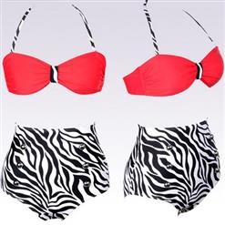 Red and Zebra Print Retro High Waist Bikini BK8569