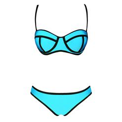 Blue Push Up Swimsuit, Bandeau Padded Bra Bikini, String Top & Bottom Bikini Sets, #BK8830