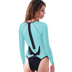 Fashion Light-Blue Long Sleeves Mesh Wings of Angle Print One-piece Swimsuit BK9857