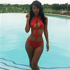 Hot Sexy Red Cross Halter Cut Out Backless One-piece Swimsuit BK9918