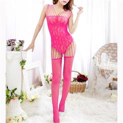 Sexy Sleeveless Strappy Bodysuit Lingerie, Rose Red Hollow Out See-through Bodystocking, Sleeveless See-through Bodystocking Lingerie, Flower Pattern Mesh Bodysuit Lingerie, Straps See-through Nightwear Bodystocking, #BS16952
