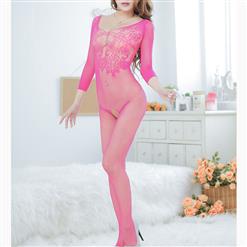 Rose Red Long Sleeve See-through Mesh Bodysuit Lingerie Crotchless Bodystocking BS17049