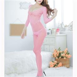 Sexy Long Sleeve See-through Bodysuit Lingerie, Pink See-through Crotchless Bodystocking, Long Sleeve Mesh Pattern Bodystocking Lingerie, Sexy See-through Hollow Out Bodystocking, See-through Jacquard Mesh Open Crotch Bodystocking, #BS17051